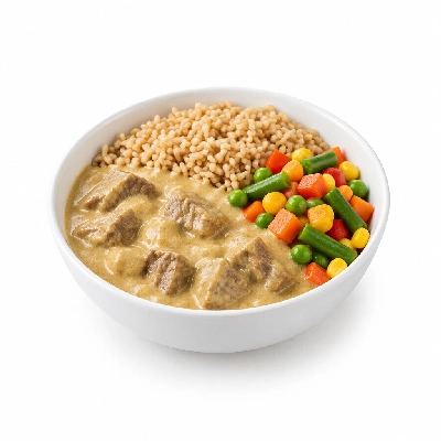 Food 4 Fitness Mild Korma Beef Curry Brown Rice & Seasonal Mix Veg 450g