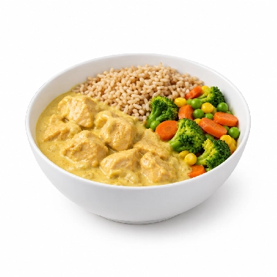 Food 4 Fitness Mild Korma Chicken Curry Brown Rice & Seasonal Mix Veg 450g