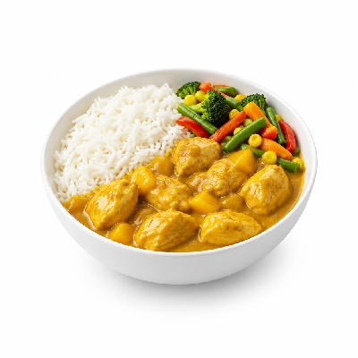 Food 4 Fitness Mild Mango Chicken Curry Basmati Rice & Seasonal Mix Veg 350g