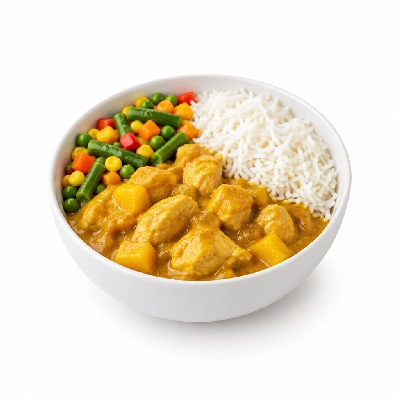 Food 4 Fitness Mild Mango Chicken Curry Basmati Rice & Seasonal Mix Veg 450g
