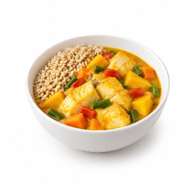 Food 4 Fitness Mild Mango Fish Curry Brown Rice & Seasonal Mix Veg 250g