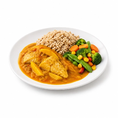 Food 4 Fitness Mild Mango Fish Curry Brown Rice & Seasonal Mix Veg 450g