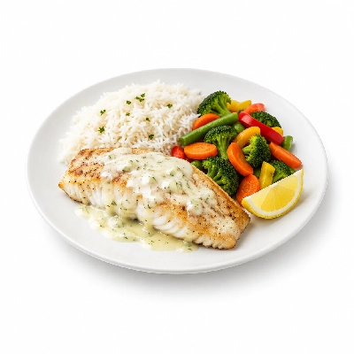 Food 4 Fitness Oven Baked Barramundi Fillet with Special Greek Sauce and Lemon Wedge Basmati Rice & Seasonal Mix Veg 350g
