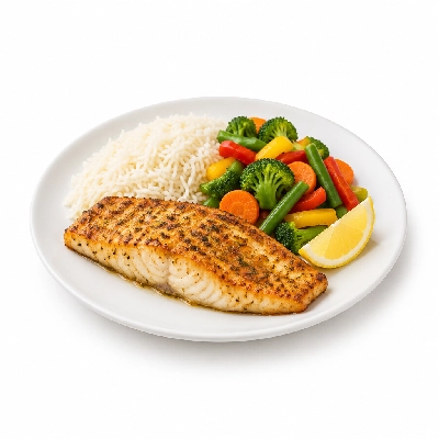 Food 4 Fitness Oven Baked Barramundi Fillet with Special Greek Sauce and Lemon Wedge Basmati Rice & Seasonal Mix Veg 450g