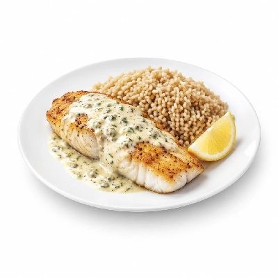 Food 4 Fitness Oven Baked Barramundi Fillet with Special Greek Sauce and Lemon Wedge Brown Rice 350g