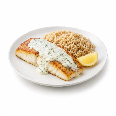 Food 4 Fitness Oven Baked Barramundi Fillet with Special Greek Sauce and Lemon Wedge Brown Rice 450g