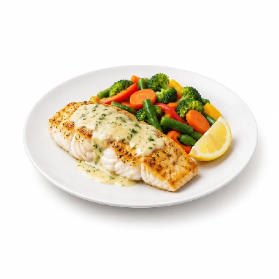 Food 4 Fitness Oven Baked Barramundi Fillet with Special Greek Sauce and Lemon Wedge Seasonal Mix Veg 250g