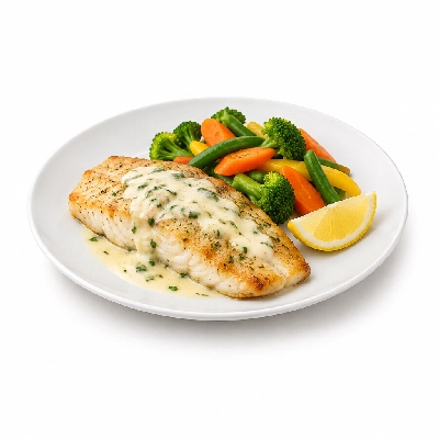 Food 4 Fitness Oven Baked Barramundi Fillet with Special Greek Sauce and Lemon Wedge Seasonal Mix Veg 350g