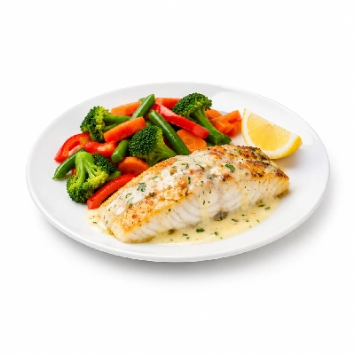 Food 4 Fitness Oven Baked Barramundi Fillet with Special Greek Sauce and Lemon Wedge Seasonal Mix Veg 450g