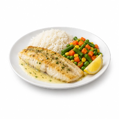 Food 4 Fitness Oven Baked Hake Fillet with Special Greek Sauce and Lemon Wedge Basmati Rice & Seasonal Mix Veg 250g