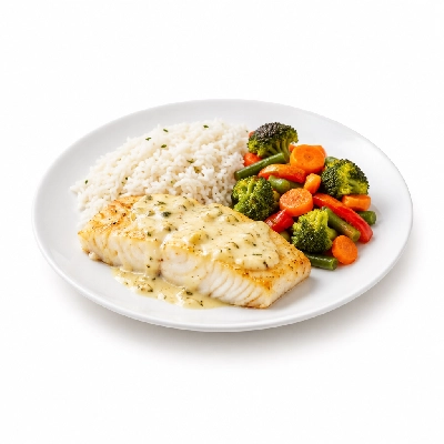 Food 4 Fitness Oven Baked Hake Fillet with Special Greek Sauce and Lemon Wedge Basmati Rice & Seasonal Mix Veg 350g