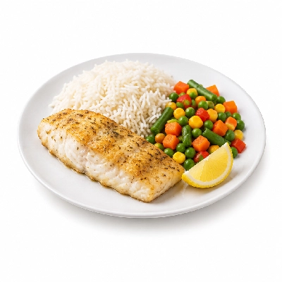 Food 4 Fitness Oven Baked Hake Fillet with Special Greek Sauce and Lemon Wedge Basmati Rice & Seasonal Mix Veg 450g