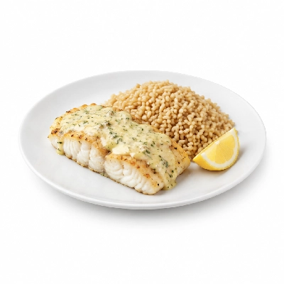 Food 4 Fitness Oven Baked Hake Fillet with Special Greek Sauce and Lemon Wedge Brown Rice 250g