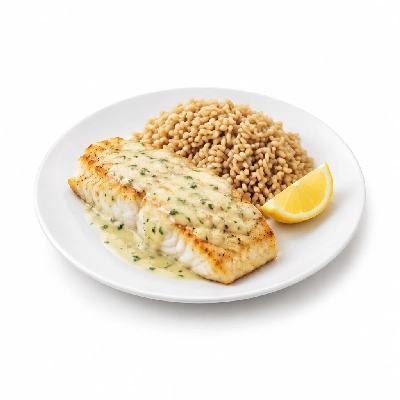 Food 4 Fitness Oven Baked Hake Fillet with Special Greek Sauce and Lemon Wedge Brown Rice 350g