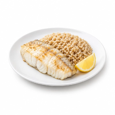 Food 4 Fitness Oven Baked Hake Fillet with Special Greek Sauce and Lemon Wedge Brown Rice 450g