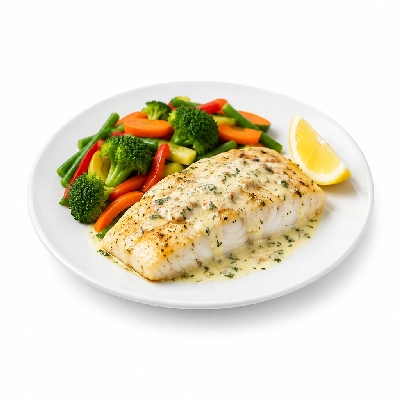 Food 4 Fitness Oven Baked Hake Fillet with Special Greek Sauce and Lemon Wedge Seasonal Mix Veg 250g