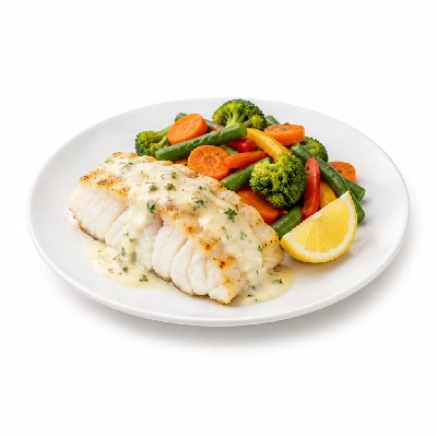 Food 4 Fitness Oven Baked Hake Fillet with Special Greek Sauce and Lemon Wedge Seasonal Mix Veg 350g