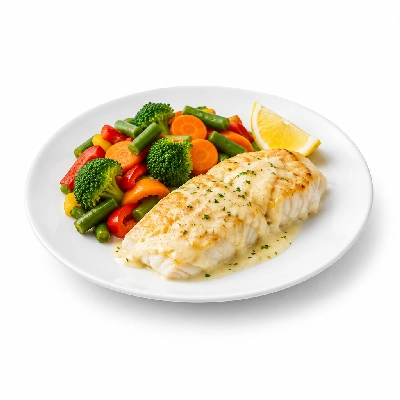 Food 4 Fitness Oven Baked Hake Fillet with Special Greek Sauce and Lemon Wedge Seasonal Mix Veg 450g