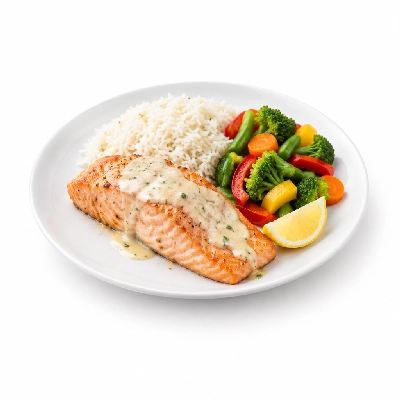 Food 4 Fitness Oven Baked Salmon Fillet with Special Greek Sauce and Lemon Wedge Basmati Rice & Seasonal Mix Veg 250g