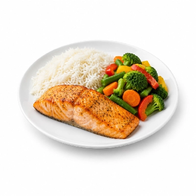 Food 4 Fitness Oven Baked Salmon Fillet with Special Greek Sauce and Lemon Wedge Basmati Rice & Seasonal Mix Veg 350g
