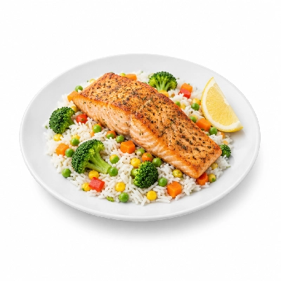 Food 4 Fitness Oven Baked Salmon Fillet with Special Greek Sauce and Lemon Wedge Basmati Rice & Seasonal Mix Veg 450g
