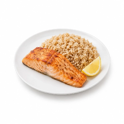 Food 4 Fitness Oven Baked Salmon Fillet with Special Greek Sauce and Lemon Wedge Brown Rice 250g