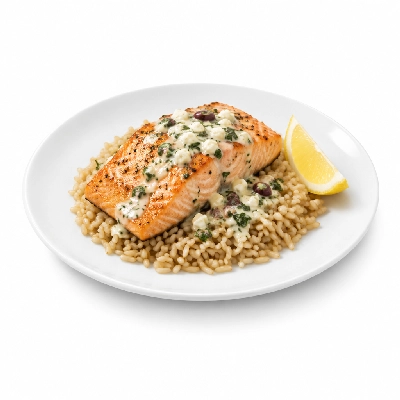 Food 4 Fitness Oven Baked Salmon Fillet with Special Greek Sauce and Lemon Wedge Brown Rice 350g