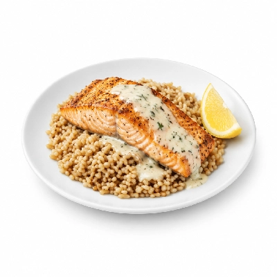 Food 4 Fitness Oven Baked Salmon Fillet with Special Greek Sauce and Lemon Wedge Brown Rice 450g