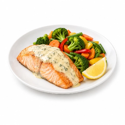 Food 4 Fitness Oven Baked Salmon Fillet with Special Greek Sauce and Lemon Wedge Seasonal Mix Veg 250g