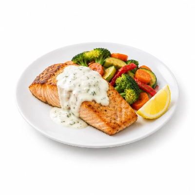 Food 4 Fitness Oven Baked Salmon Fillet with Special Greek Sauce and Lemon Wedge Seasonal Mix Veg 350g