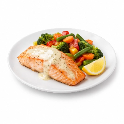 Food 4 Fitness Oven Baked Salmon Fillet with Special Greek Sauce and Lemon Wedge Seasonal Mix Veg 450g