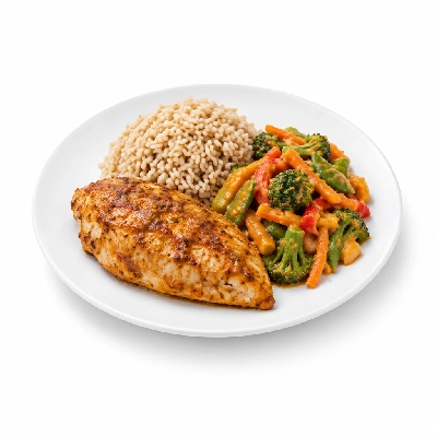 Food 4 Fitness Oven Roasted Chicken Breast Satay Brown Rice & Seasonal Mix Veg 350g