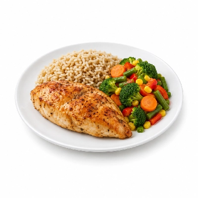 Food 4 Fitness Oven Roasted Chicken Breast Satay Brown Rice & Seasonal Mix Veg 450g