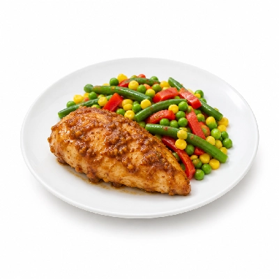 Food 4 Fitness Oven Roasted Chicken Breast Satay Seasonal Green Beans & Peas Corn Capsicum 450g