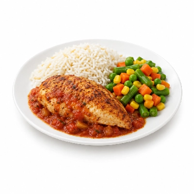 Food 4 Fitness Oven Roasted Chicken Breast with Cacciatore Sauce Basmati Rice & Seasonal Mix Veg 350g
