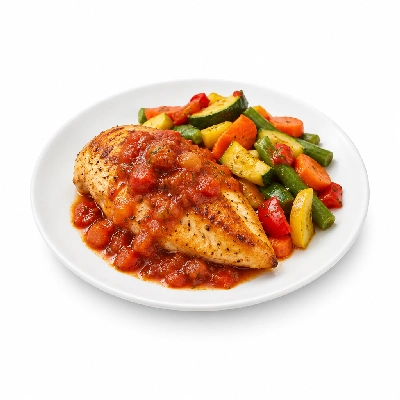 Food 4 Fitness Oven Roasted Chicken Breast with Cacciatore Sauce Seasonal Mix Veg 250g