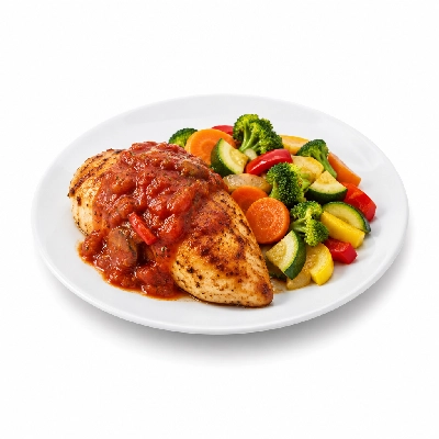 Food 4 Fitness Oven Roasted Chicken Breast with Cacciatore Sauce Seasonal Mix Veg 350g