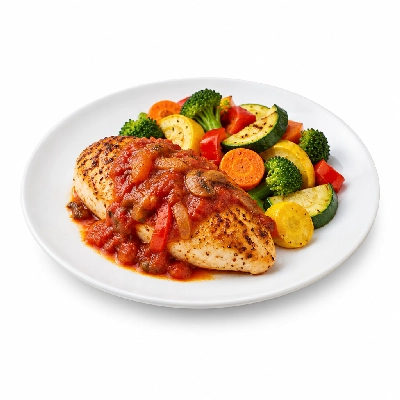 Food 4 Fitness Oven Roasted Chicken Breast with Cacciatore Sauce Seasonal Mix Veg 450g