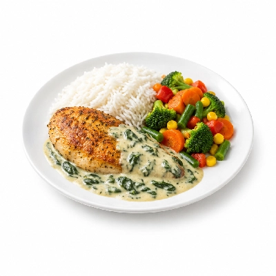 Food 4 Fitness Oven Roasted Chicken Breast with Florentine Sauce Basmati Rice & Seasonal Mix Veg 250g