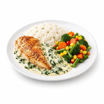 Food 4 Fitness Oven Roasted Chicken Breast with Florentine Sauce Basmati Rice & Seasonal Mix Veg 350g