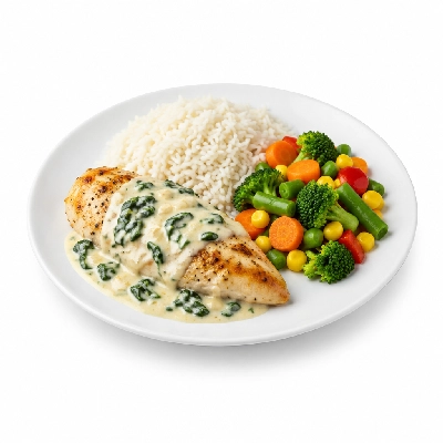 Food 4 Fitness Oven Roasted Chicken Breast with Florentine Sauce Basmati Rice & Seasonal Mix Veg 450g
