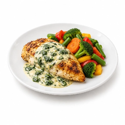 Food 4 Fitness Oven Roasted Chicken Breast with Florentine Sauce Seasonal Mix Veg 250g
