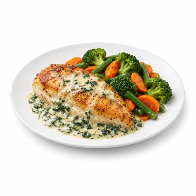 Food 4 Fitness Oven Roasted Chicken Breast with Florentine Sauce Seasonal Mix Veg 350g