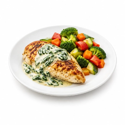 Food 4 Fitness Oven Roasted Chicken Breast with Florentine Sauce Seasonal Mix Veg 450g