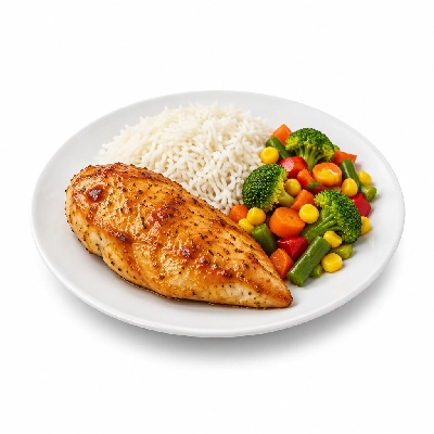Food 4 Fitness Oven Roasted Chicken Breast with Honey Mustard Sauce Basmati Rice & Seasonal Mix Veg 350g