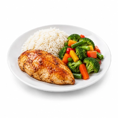 Food 4 Fitness Oven Roasted Chicken Breast with Honey Mustard Sauce Basmati Rice & Seasonal Mix Veg 450g