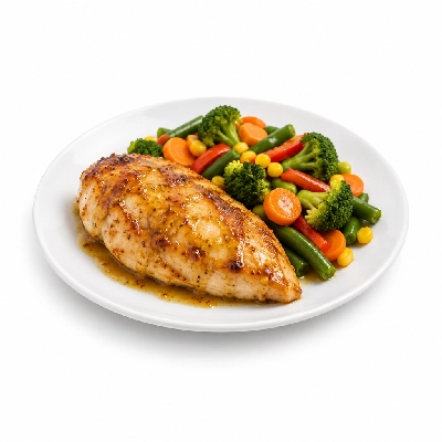 Food 4 Fitness Oven Roasted Chicken Breast with Honey Mustard Sauce Seasonal Mix Veg 250g