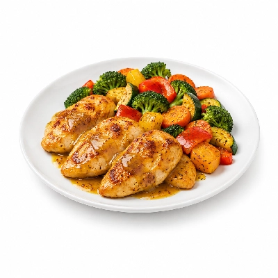 Food 4 Fitness Oven Roasted Chicken Breast with Honey Mustard Sauce Seasonal Mix Veg 450g