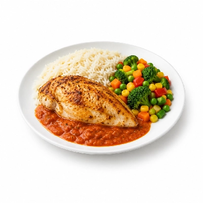 Food 4 Fitness Oven Roasted Chicken Breast with Italian Tomato Cream Sauce Basmati Rice & Seasonal Mix Veg 350g