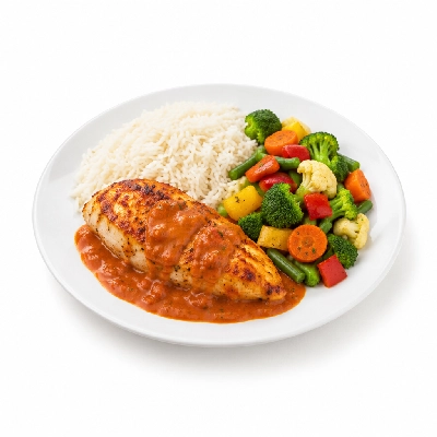 Food 4 Fitness Oven Roasted Chicken Breast with Italian Tomato Cream Sauce Basmati Rice & Seasonal Mix Veg 450g